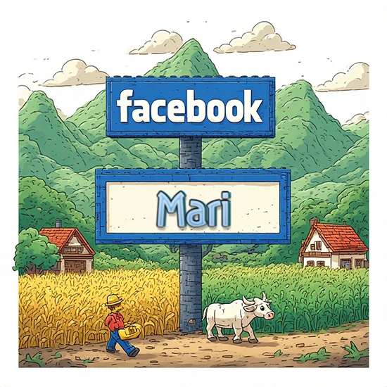 Paisaje rural animado con colinas verdes y cielo despejado. Enorme letrero tipo carretera con el logotipo de Facebook. Nombre destacado en negrita dentro del marco blanco inferior. Diseño con el nombre Mari.