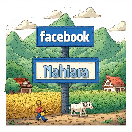 Paisaje rural animado con colinas verdes y cielo despejado. Enorme letrero tipo carretera con el logotipo de Facebook. Nombre destacado en negrita dentro del marco blanco inferior. Diseño con el nombre Nahiara.