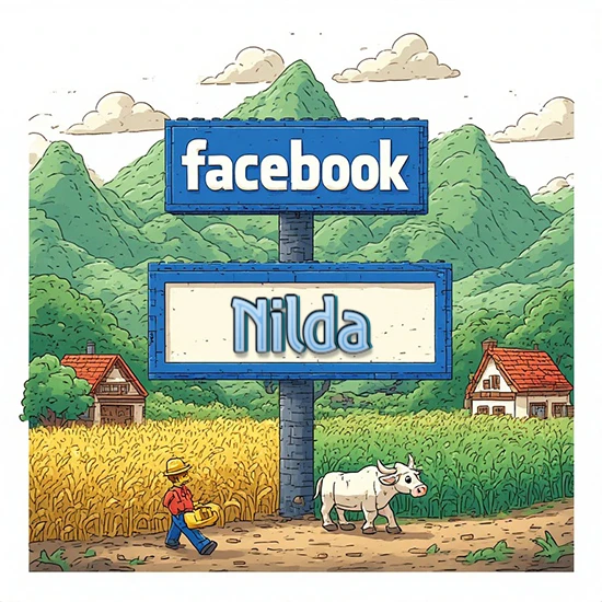 Paisaje rural animado con colinas verdes y cielo despejado. Enorme letrero tipo carretera con el logotipo de Facebook. Nombre destacado en negrita dentro del marco blanco inferior. Diseño con el nombre Nilda.