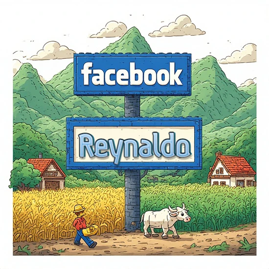 Paisaje rural animado con colinas verdes y cielo despejado. Enorme letrero tipo carretera con el logotipo de Facebook. Nombre destacado en negrita dentro del marco blanco inferior. Diseño con el nombre Reynaldo.