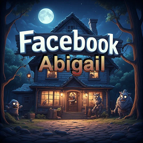 Cabaña de madera nocturna bajo la luna llena, rodeada de criaturas mágicas amigables. Logotipo gigante de Facebook sobre el techo. Nombre iluminado flotando mágicamente en el centro. Diseño con el nombre Abigail.