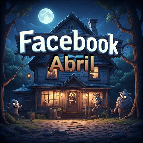 Cabaña de madera nocturna bajo la luna llena, rodeada de criaturas mágicas amigables. Logotipo gigante de Facebook sobre el techo. Nombre iluminado flotando mágicamente en el centro. Diseño con el nombre Abril.