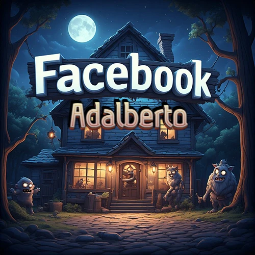 Cabaña de madera nocturna bajo la luna llena, rodeada de criaturas mágicas amigables. Logotipo gigante de Facebook sobre el techo. Nombre iluminado flotando mágicamente en el centro. Diseño con el nombre Adalberto.