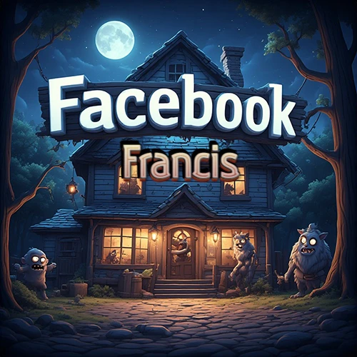 Cabaña de madera nocturna bajo la luna llena, rodeada de criaturas mágicas amigables. Logotipo gigante de Facebook sobre el techo. Nombre iluminado flotando mágicamente en el centro. Diseño con el nombre Francis. Cabaña de madera nocturna bajo la luna llena, rodeada de criaturas mágicas amigables. Logotipo gigante de Facebook sobre el techo. Nombre iluminado flotando mágicamente en el centro. Diseño con el nombre Francis.