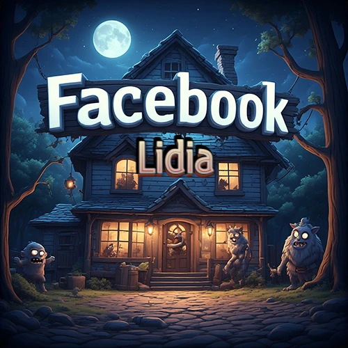 Cabaña de madera nocturna bajo la luna llena, rodeada de criaturas mágicas amigables. Logotipo gigante de Facebook sobre el techo. Nombre iluminado flotando mágicamente en el centro. Diseño con el nombre Lidia.