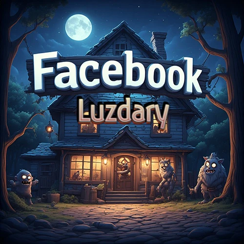 Cabaña de madera nocturna bajo la luna llena, rodeada de criaturas mágicas amigables. Logotipo gigante de Facebook sobre el techo. Nombre iluminado flotando mágicamente en el centro. Diseño con el nombre Luzdary.