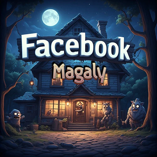 Cabaña de madera nocturna bajo la luna llena, rodeada de criaturas mágicas amigables. Logotipo gigante de Facebook sobre el techo. Nombre iluminado flotando mágicamente en el centro. Diseño con el nombre Magaly.