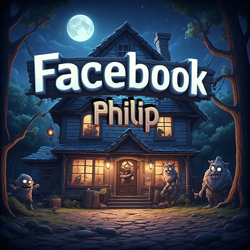 Cabaña de madera nocturna bajo la luna llena, rodeada de criaturas mágicas amigables. Logotipo gigante de Facebook sobre el techo. Nombre iluminado flotando mágicamente en el centro. Diseño con el nombre Philip.