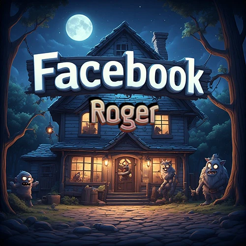 Cabaña de madera nocturna bajo la luna llena, rodeada de criaturas mágicas amigables. Logotipo gigante de Facebook sobre el techo. Nombre iluminado flotando mágicamente en el centro. Diseño con el nombre Roger.
