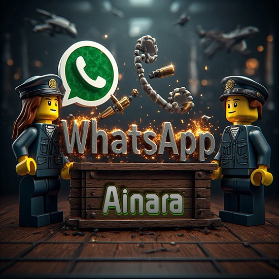 Dúo de policías Lego junto a una caja de madera. Chispas, logotipo de WhatsApp y un teléfono antiguo desarmándose en el aire. Nombre tallado en la parte frontal de la caja. Diseño con el nombre Ainara. Dúo de policías Lego junto a una caja de madera. Chispas, logotipo de WhatsApp y un teléfono antiguo desarmándose en el aire. Nombre tallado en la parte frontal de la caja. Diseño con el nombre Ainara.