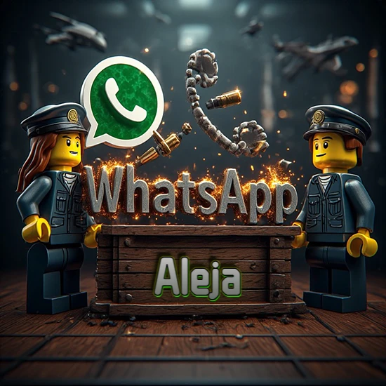 Dúo de policías Lego junto a una caja de madera. Chispas, logotipo de WhatsApp y un teléfono antiguo desarmándose en el aire. Nombre tallado en la parte frontal de la caja. Diseño con el nombre Aleja.