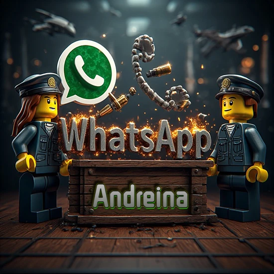Dúo de policías Lego junto a una caja de madera. Chispas, logotipo de WhatsApp y un teléfono antiguo desarmándose en el aire. Nombre tallado en la parte frontal de la caja. Diseño con el nombre Andreina.