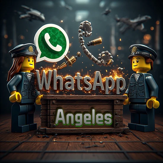 Dúo de policías Lego junto a una caja de madera. Chispas, logotipo de WhatsApp y un teléfono antiguo desarmándose en el aire. Nombre tallado en la parte frontal de la caja. Diseño con el nombre Angeles.