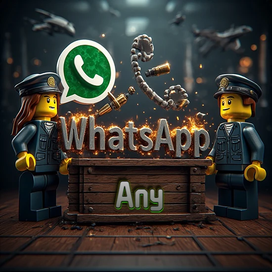 Dúo de policías Lego junto a una caja de madera. Chispas, logotipo de WhatsApp y un teléfono antiguo desarmándose en el aire. Nombre tallado en la parte frontal de la caja. Diseño con el nombre Any.