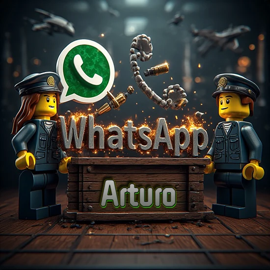 Dúo de policías Lego junto a una caja de madera. Chispas, logotipo de WhatsApp y un teléfono antiguo desarmándose en el aire. Nombre tallado en la parte frontal de la caja. Diseño con el nombre Arturo.