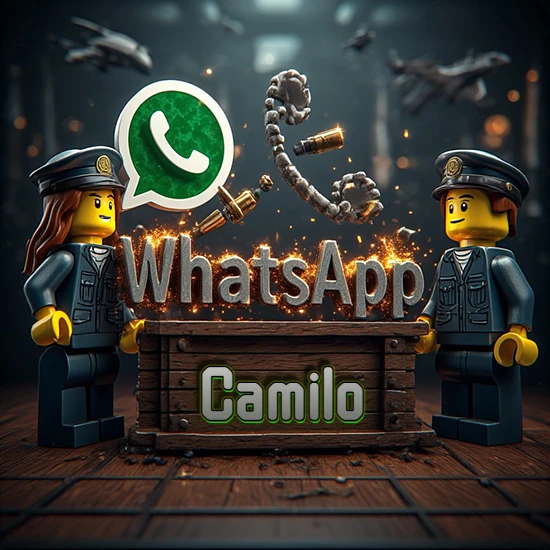 Dúo de policías Lego junto a una caja de madera. Chispas, logotipo de WhatsApp y un teléfono antiguo desarmándose en el aire. Nombre tallado en la parte frontal de la caja. Diseño con el nombre Camilo.