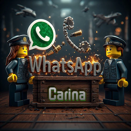 Dúo de policías Lego junto a una caja de madera. Chispas, logotipo de WhatsApp y un teléfono antiguo desarmándose en el aire. Nombre tallado en la parte frontal de la caja. Diseño con el nombre Carina.