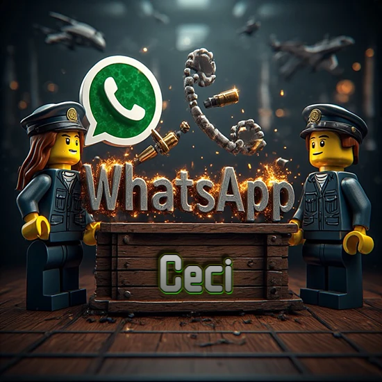 Dúo de policías Lego junto a una caja de madera. Chispas, logotipo de WhatsApp y un teléfono antiguo desarmándose en el aire. Nombre tallado en la parte frontal de la caja. Diseño con el nombre Ceci.
