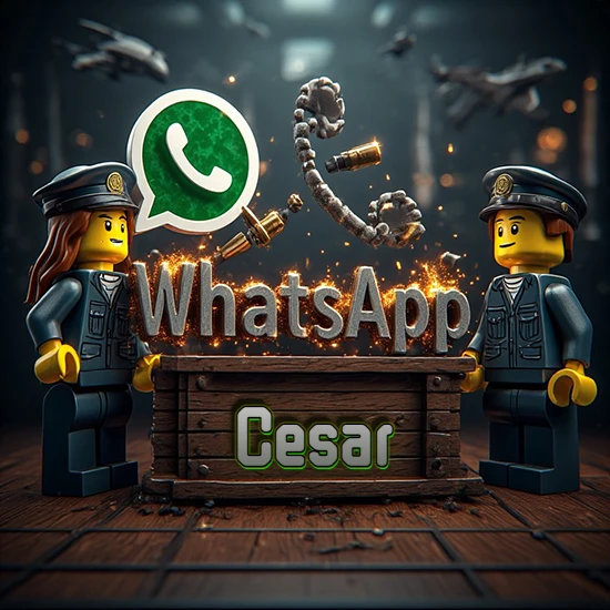 Dúo de policías Lego junto a una caja de madera. Chispas, logotipo de WhatsApp y un teléfono antiguo desarmándose en el aire. Nombre tallado en la parte frontal de la caja. Diseño con el nombre Cesar.