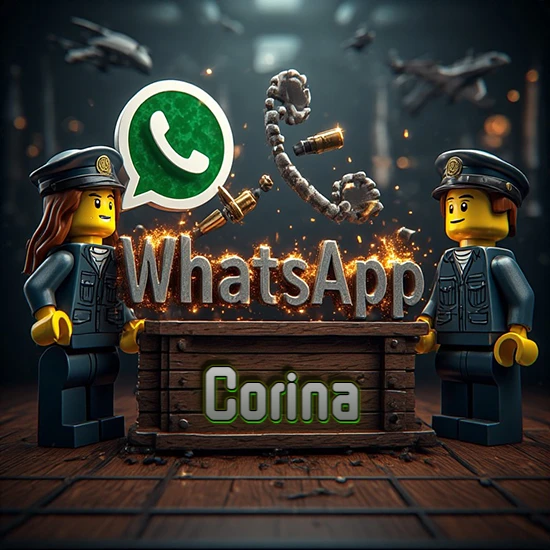 Dúo de policías Lego junto a una caja de madera. Chispas, logotipo de WhatsApp y un teléfono antiguo desarmándose en el aire. Nombre tallado en la parte frontal de la caja. Diseño con el nombre Corina.