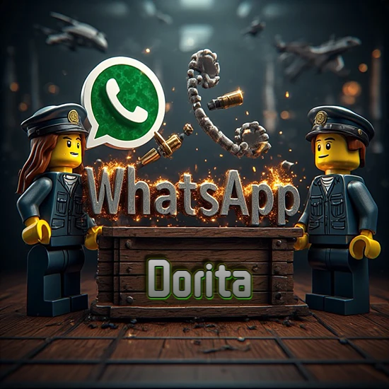Dúo de policías Lego junto a una caja de madera. Chispas, logotipo de WhatsApp y un teléfono antiguo desarmándose en el aire. Nombre tallado en la parte frontal de la caja. Diseño con el nombre Dorita.