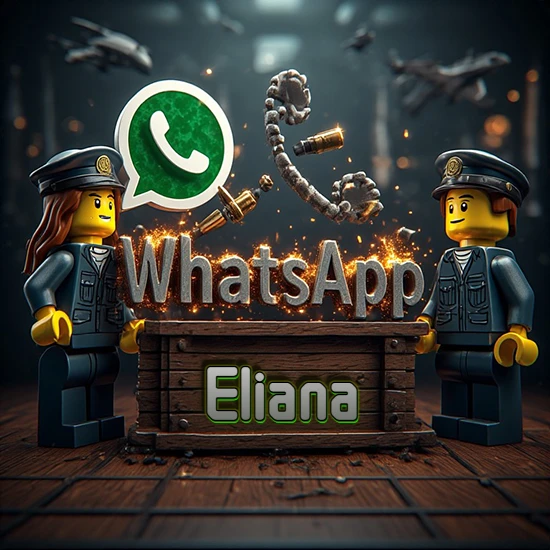 Dúo de policías Lego junto a una caja de madera. Chispas, logotipo de WhatsApp y un teléfono antiguo desarmándose en el aire. Nombre tallado en la parte frontal de la caja. Diseño con el nombre Eliana.