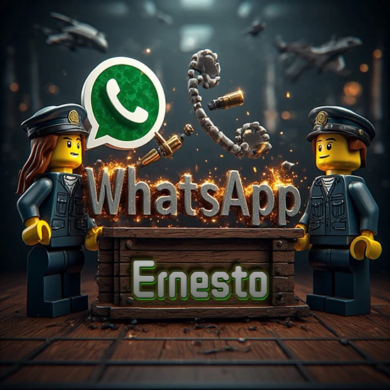 Dúo de policías Lego junto a una caja de madera. Chispas, logotipo de WhatsApp y un teléfono antiguo desarmándose en el aire. Nombre tallado en la parte frontal de la caja. Diseño con el nombre Ernesto.