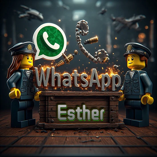 Dúo de policías Lego junto a una caja de madera. Chispas, logotipo de WhatsApp y un teléfono antiguo desarmándose en el aire. Nombre tallado en la parte frontal de la caja. Diseño con el nombre Esther.