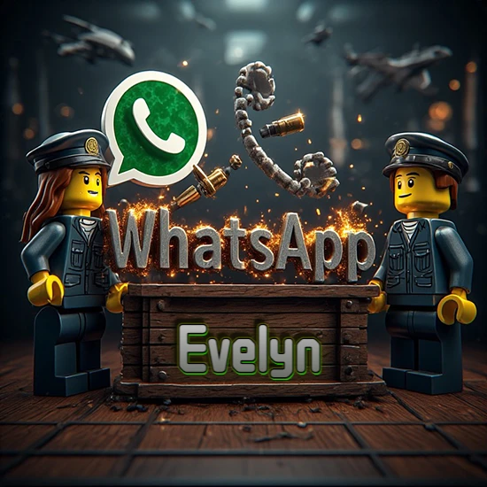 Dúo de policías Lego junto a una caja de madera. Chispas, logotipo de WhatsApp y un teléfono antiguo desarmándose en el aire. Nombre tallado en la parte frontal de la caja. Diseño con el nombre Evelyn.
