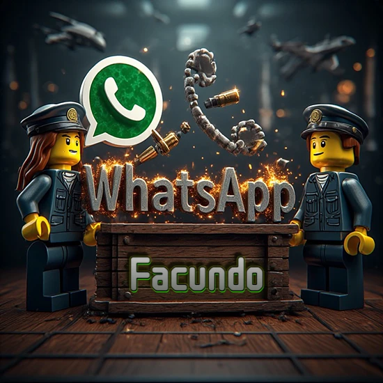 Dúo de policías Lego junto a una caja de madera. Chispas, logotipo de WhatsApp y un teléfono antiguo desarmándose en el aire. Nombre tallado en la parte frontal de la caja. Diseño con el nombre Facundo.