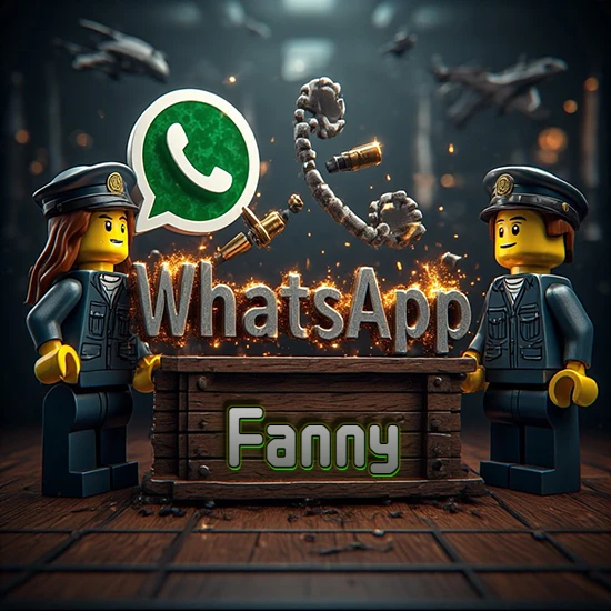 Dúo de policías Lego junto a una caja de madera. Chispas, logotipo de WhatsApp y un teléfono antiguo desarmándose en el aire. Nombre tallado en la parte frontal de la caja. Diseño con el nombre Fanny.