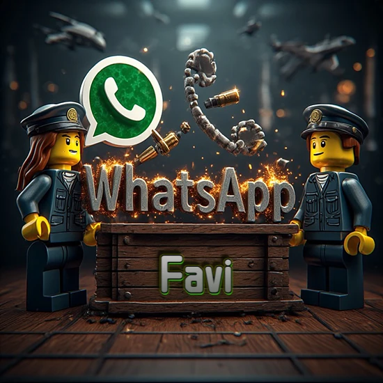 Dúo de policías Lego junto a una caja de madera. Chispas, logotipo de WhatsApp y un teléfono antiguo desarmándose en el aire. Nombre tallado en la parte frontal de la caja. Diseño con el nombre Favi.
