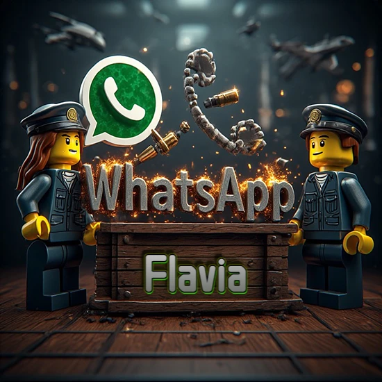 Dúo de policías Lego junto a una caja de madera. Chispas, logotipo de WhatsApp y un teléfono antiguo desarmándose en el aire. Nombre tallado en la parte frontal de la caja. Diseño con el nombre Flavia. Dúo de policías Lego junto a una caja de madera. Chispas, logotipo de WhatsApp y un teléfono antiguo desarmándose en el aire. Nombre tallado en la parte frontal de la caja. Diseño con el nombre Flavia.