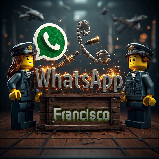 Dúo de policías Lego junto a una caja de madera. Chispas, logotipo de WhatsApp y un teléfono antiguo desarmándose en el aire. Nombre tallado en la parte frontal de la caja. Diseño con el nombre Francisco.