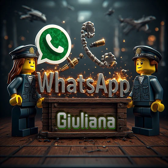 Dúo de policías Lego junto a una caja de madera. Chispas, logotipo de WhatsApp y un teléfono antiguo desarmándose en el aire. Nombre tallado en la parte frontal de la caja. Diseño con el nombre Giuliana.