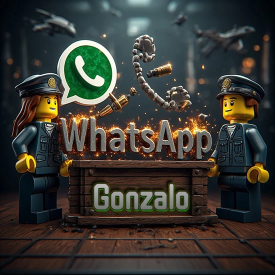 Dúo de policías Lego junto a una caja de madera. Chispas, logotipo de WhatsApp y un teléfono antiguo desarmándose en el aire. Nombre tallado en la parte frontal de la caja. Diseño con el nombre Gonzalo.