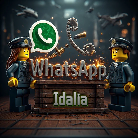 Dúo de policías Lego junto a una caja de madera. Chispas, logotipo de WhatsApp y un teléfono antiguo desarmándose en el aire. Nombre tallado en la parte frontal de la caja. Diseño con el nombre Idalia.
