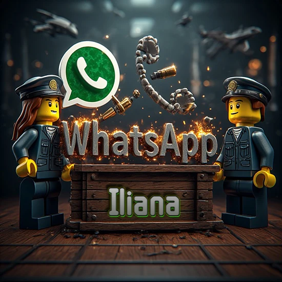 Dúo de policías Lego junto a una caja de madera. Chispas, logotipo de WhatsApp y un teléfono antiguo desarmándose en el aire. Nombre tallado en la parte frontal de la caja. Diseño con el nombre Iliana.