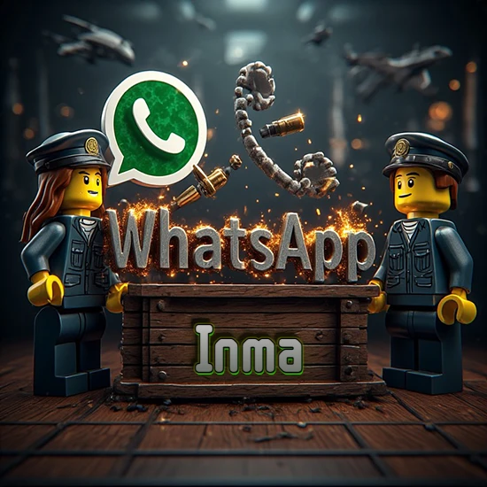 Dúo de policías Lego junto a una caja de madera. Chispas, logotipo de WhatsApp y un teléfono antiguo desarmándose en el aire. Nombre tallado en la parte frontal de la caja. Diseño con el nombre Inma.
