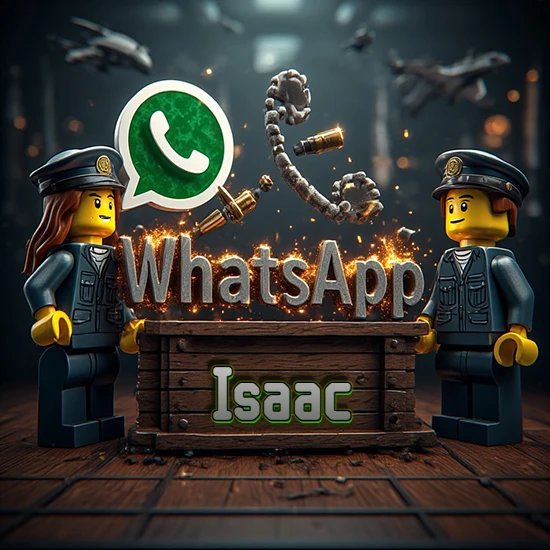 Dúo de policías Lego junto a una caja de madera. Chispas, logotipo de WhatsApp y un teléfono antiguo desarmándose en el aire. Nombre tallado en la parte frontal de la caja. Diseño con el nombre Isaac.