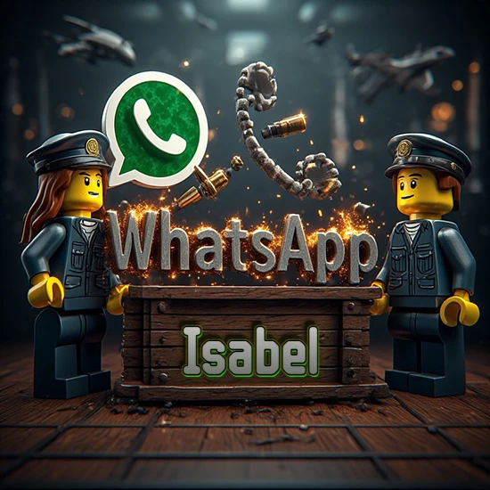 Dúo de policías Lego junto a una caja de madera. Chispas, logotipo de WhatsApp y un teléfono antiguo desarmándose en el aire. Nombre tallado en la parte frontal de la caja. Diseño con el nombre Isabel.