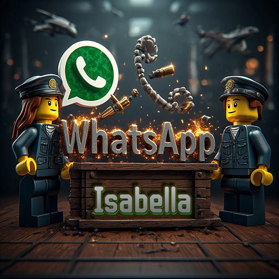 Dúo de policías Lego junto a una caja de madera. Chispas, logotipo de WhatsApp y un teléfono antiguo desarmándose en el aire. Nombre tallado en la parte frontal de la caja. Diseño con el nombre Isabella.