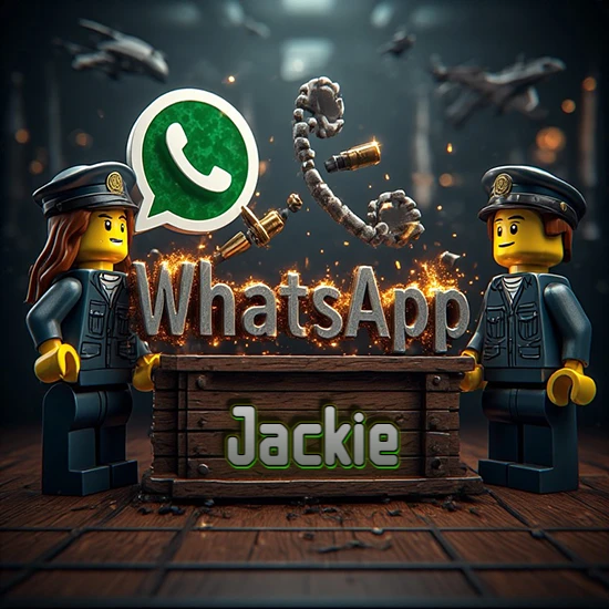 Dúo de policías Lego junto a una caja de madera. Chispas, logotipo de WhatsApp y un teléfono antiguo desarmándose en el aire. Nombre tallado en la parte frontal de la caja. Diseño con el nombre Jackie.