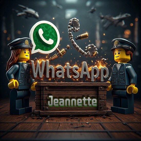 Dúo de policías Lego junto a una caja de madera. Chispas, logotipo de WhatsApp y un teléfono antiguo desarmándose en el aire. Nombre tallado en la parte frontal de la caja. Diseño con el nombre Jeannette.
