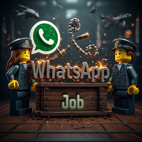 Dúo de policías Lego junto a una caja de madera. Chispas, logotipo de WhatsApp y un teléfono antiguo desarmándose en el aire. Nombre tallado en la parte frontal de la caja. Diseño con el nombre Job.