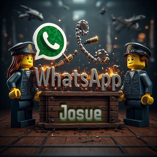 Dúo de policías Lego junto a una caja de madera. Chispas, logotipo de WhatsApp y un teléfono antiguo desarmándose en el aire. Nombre tallado en la parte frontal de la caja. Diseño con el nombre Josue.
