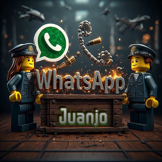 Dúo de policías Lego junto a una caja de madera. Chispas, logotipo de WhatsApp y un teléfono antiguo desarmándose en el aire. Nombre tallado en la parte frontal de la caja. Diseño con el nombre Juanjo.
