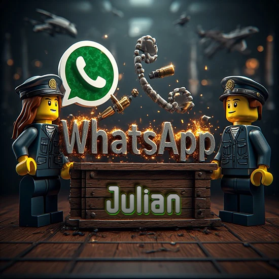 Dúo de policías Lego junto a una caja de madera. Chispas, logotipo de WhatsApp y un teléfono antiguo desarmándose en el aire. Nombre tallado en la parte frontal de la caja. Diseño con el nombre Julian.
