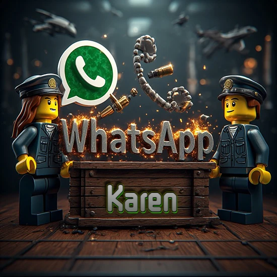 Dúo de policías Lego junto a una caja de madera. Chispas, logotipo de WhatsApp y un teléfono antiguo desarmándose en el aire. Nombre tallado en la parte frontal de la caja. Diseño con el nombre Karen.