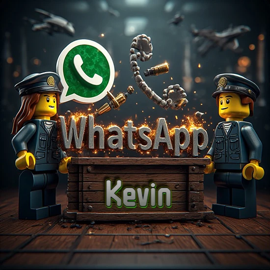 Dúo de policías Lego junto a una caja de madera. Chispas, logotipo de WhatsApp y un teléfono antiguo desarmándose en el aire. Nombre tallado en la parte frontal de la caja. Diseño con el nombre Kevin.